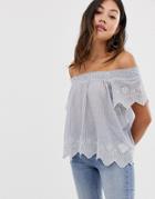 Brave Soul Off Shoulder Stripe Top With Embroidered Hem - Blue