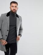 Asos Wool Mix Overcoat With Velvet Collar In Gray Herringbone - Gray