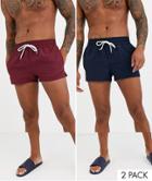 Asos Design 2 Pack Swim Short In Navy And Burgundy Super Short Length Save-multi