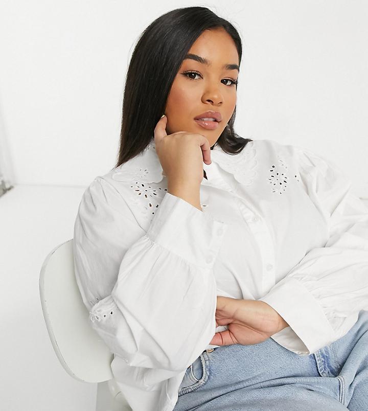 Neon Rose Plus Shirt With Puff Sleeves In Embroidered Cotton-white