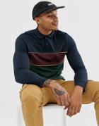 Asos Design Organic Long Sleeve Polo Shirt With Retro Color Block In Navy