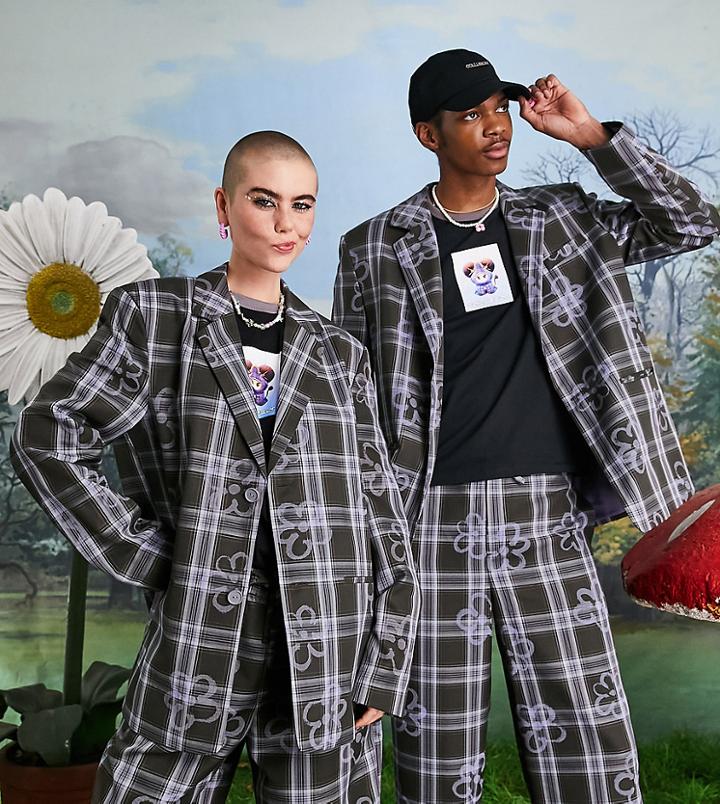 Collusion Unisex Blazer In Check And Floral-navy