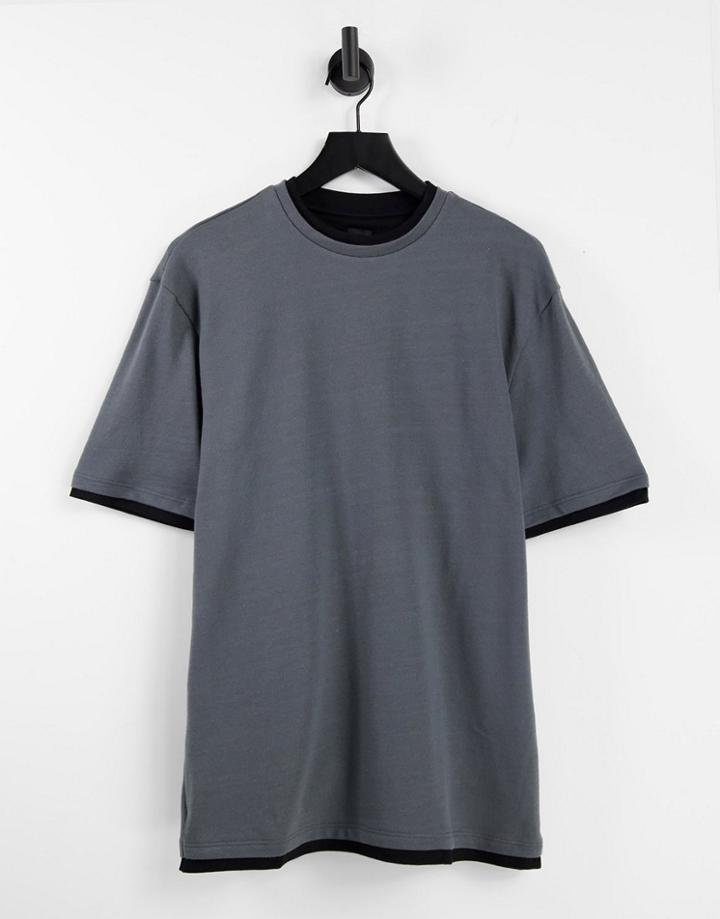 River Island Double Layer Block T-shirt In Gray-grey
