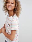 Asos Design Crop T-shirt In Rainbow Stripe With Badge - Multi