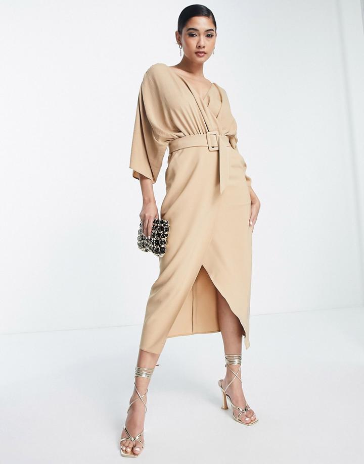 Asos Design Mixed Fabric Belted Wrap Skirt Midi Dress In Camel-neutral