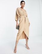Asos Design Mixed Fabric Belted Wrap Skirt Midi Dress In Camel-neutral