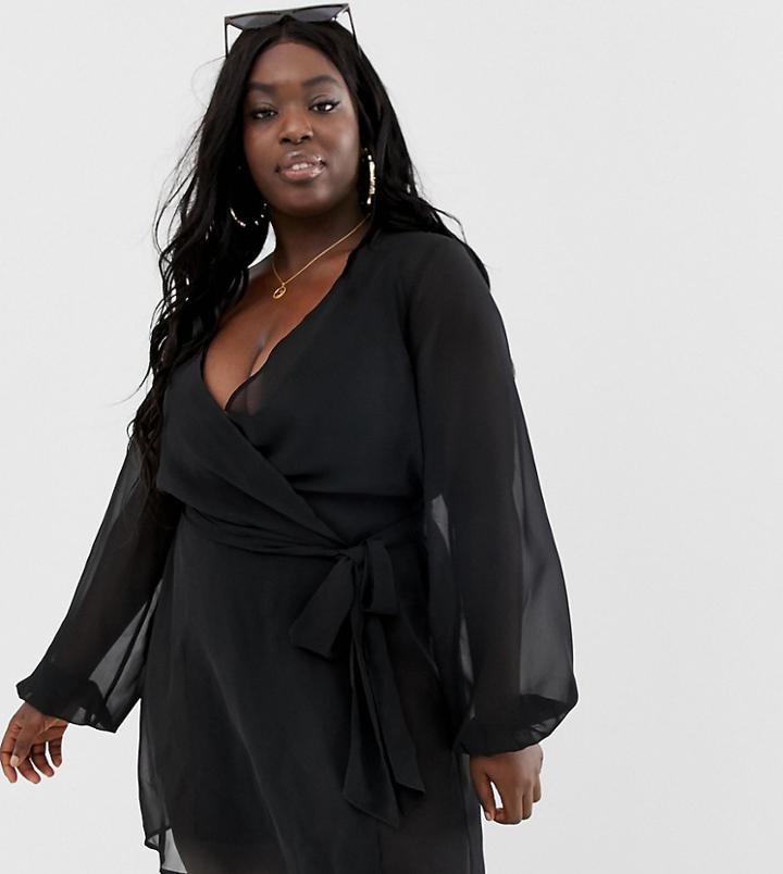 Asos Design Curve Recycled Long Sleeve Wrap Tie Chiffon Beach Kimono In Black