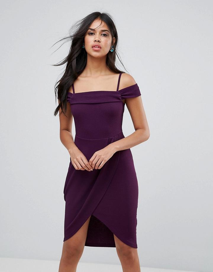 Ax Paris Bardot Wrap Front Midi Dress - Purple