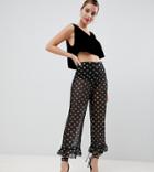 Asos Design Petite Gold Spot Mesh Pants With Fluted Ruffle Hem - Multi