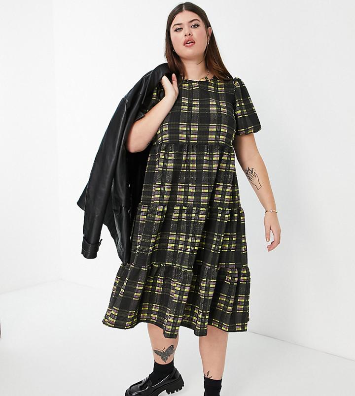 Asos Design Curve Oversized Textured Midi Smock Dress In Black Check Print-multi