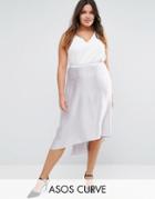 Asos Curve Midi Skirt In Satin With Splices - Silver