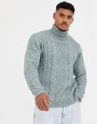 Asos Design Heavyweight Cable Knit Roll Neck Sweater In Light Gray - Gray