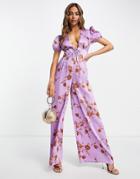 Asos Design Satin Tea Jumpsuit With Puff Sleeve In Floral Print-multi