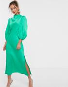 Asos Design Cowl Neck Satin Tea Midi Dress With Puff Sleeve
