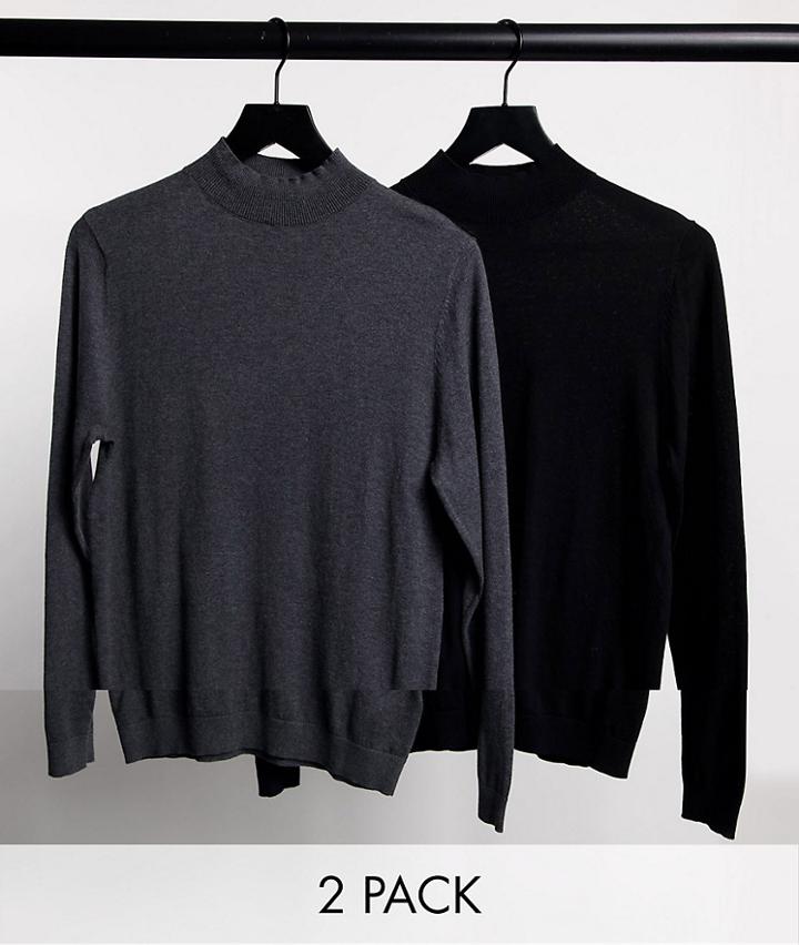 Asos Design 2 Pack Cotton Turtle Neck Sweater In Charcoal & Light Gray Save-multi