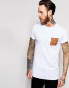 Asos Longline Muscle T-shirt With Faux Suede Pocket And Roll Sleeve In White - White