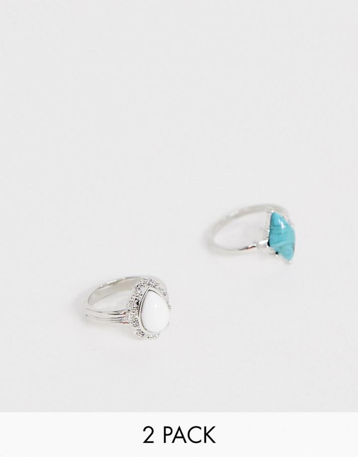 Asos Design Pack Of 2 Rings With Semi-precious Style Stones And Engraved Detail In Silver Tone - Silver