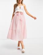 Asos Design Midi Skirt With Belt Detail In Pink Stripe Print-multi