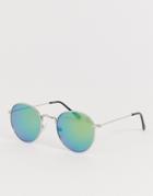 Asos Design Round Sunglasses In Silver With Green Mirror Lenses