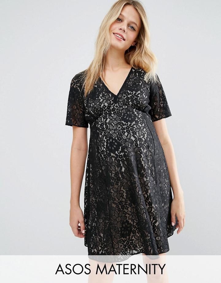 Asos Maternity Mini Skater Dress In All Over Lace - Black