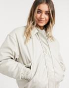 Asos Design Faux Leather Padded Bomber Jacket In Putty-blues