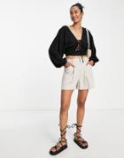 Asos Design Linen Top With Lace Up Front & Volume Sleeve In Black