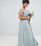 Tfnc Plus Cold Shoulder Wrap Maxi Bridesmaid Dress With Fishtail - Green