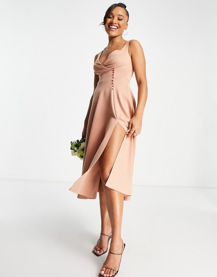 Asos Design Button Detail Midi Prom Dress In Camel-red