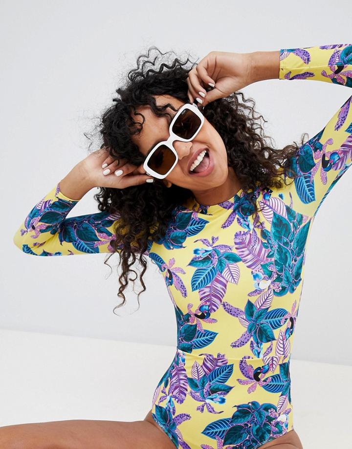 Monki Tropical Long Sleeve Rash Swimsuit - Yellow