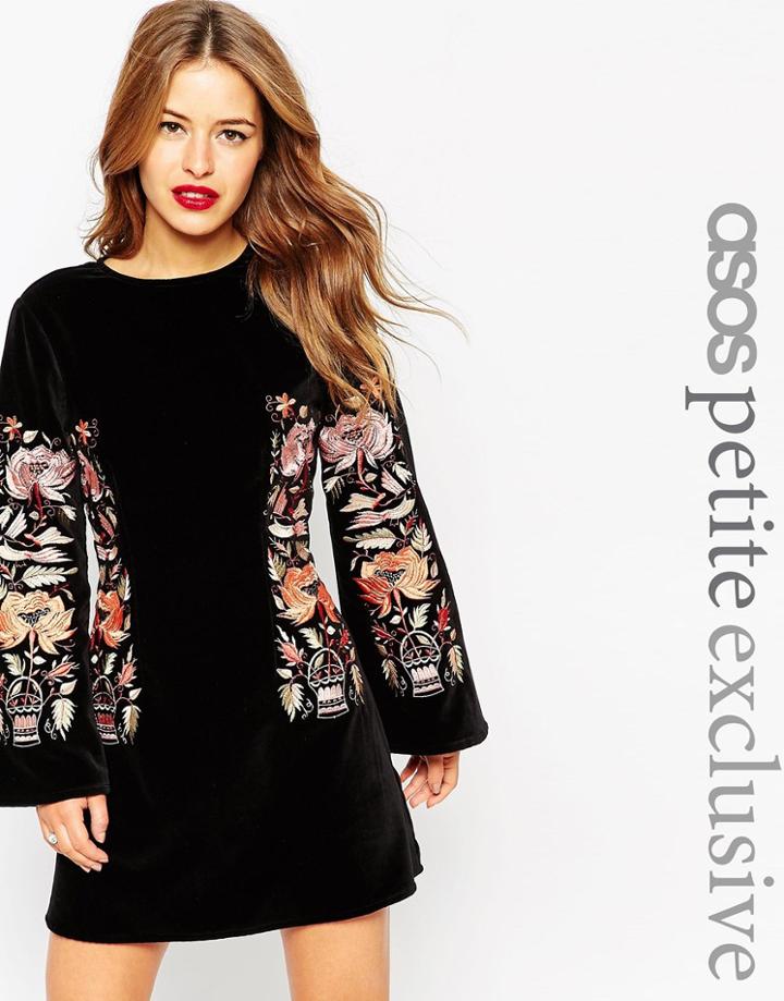 Asos Petite Premium Velvet Embroidered A-line Dress With Bell Sleeve - Black