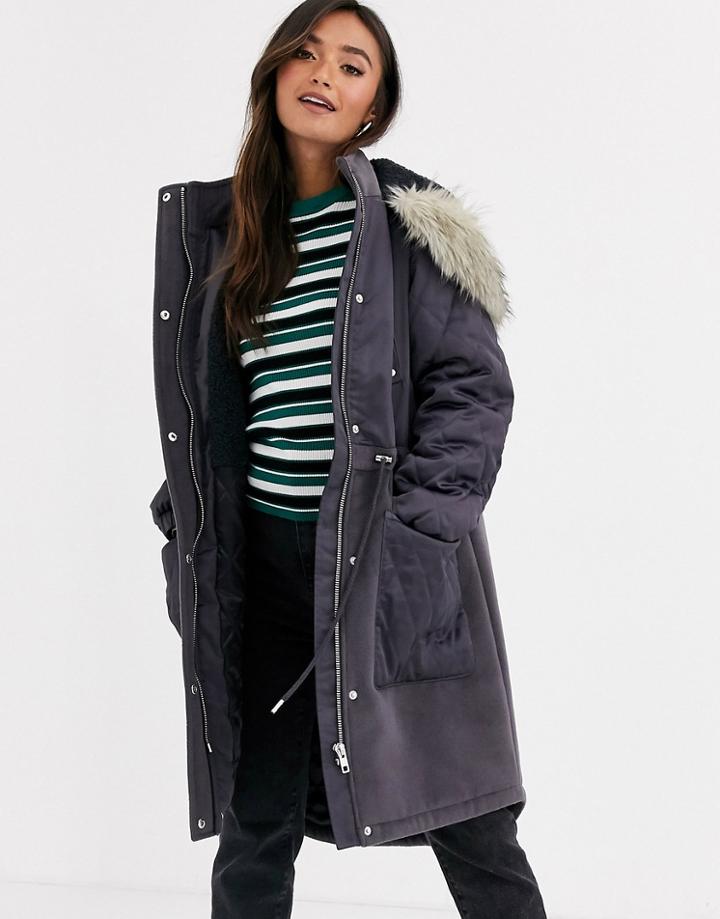 Asos Design Mix Wool Satin Parka In Charcoal-pink