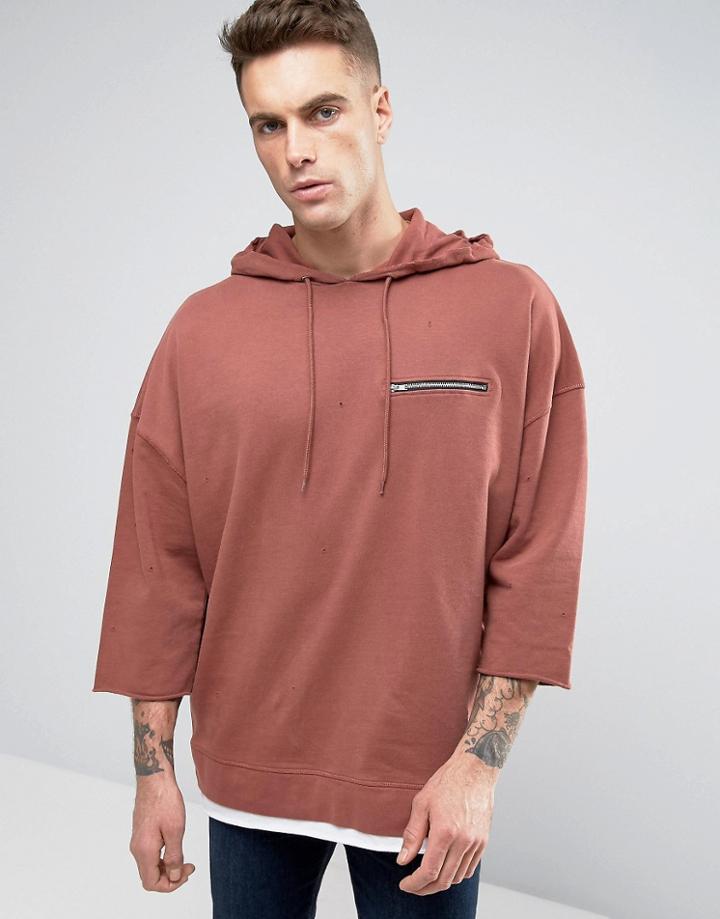 Asos Extreme Oversized Hoodie With Zip Pocket & Distressing - Red
