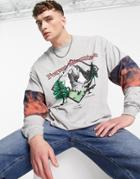 Asos Design Oversized Long Sleeve T-shirt In Gray Color Block With Tie Dye And Front Print-grey