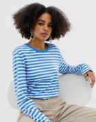 Monki Crew Neck Relaxed Fit Long Sleeve Top With Stripe In Blue And Off White - Multi