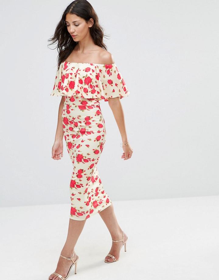 Twin Sister Off Shoulder Frill Midi Dress - Multi