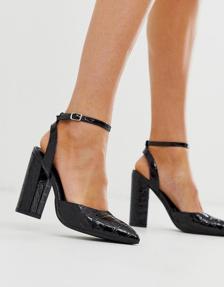 Truffle Collection Pointed Block Heel In Black Croc