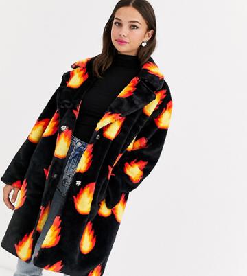 Daisy Street Coat In Flame Print Faux Fur-black
