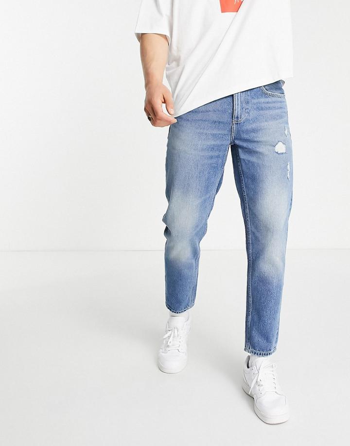 Asos Design Cotton Blend Classic Rigid Jeans In Mid Wash Blue With Abrasions - Mblue-blues