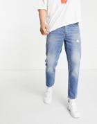 Asos Design Cotton Blend Classic Rigid Jeans In Mid Wash Blue With Abrasions - Mblue-blues