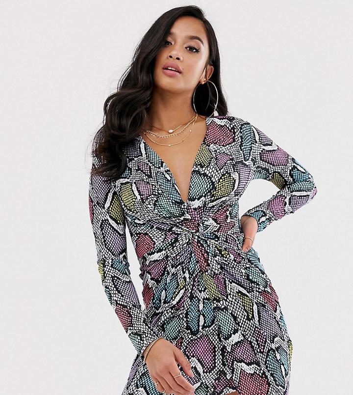 Flounce London Petite Twist Front Mini Dress In Multi Snake - Multi