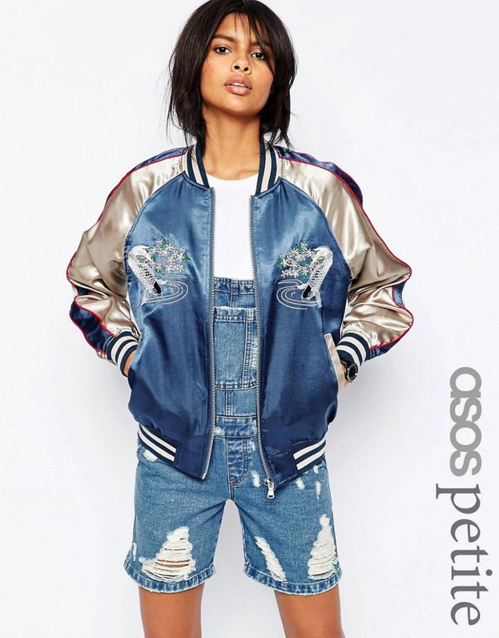 Asos Petite Embroidered Bomber Jacket - Blue