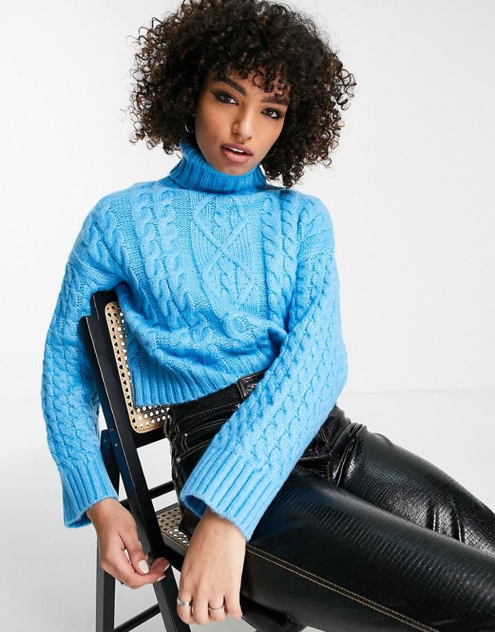 Bershka Cable Knit Roll Neck Sweater In Bright Blue-blues