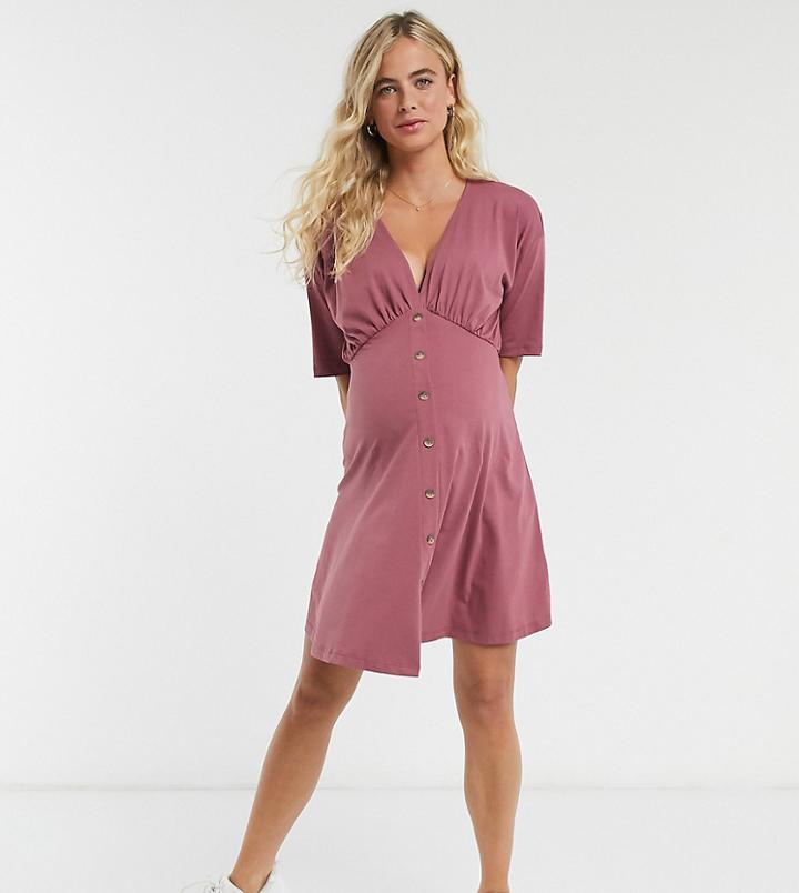 Asos Design Maternity Tea Dress With Horn Buttons In Berry-purple