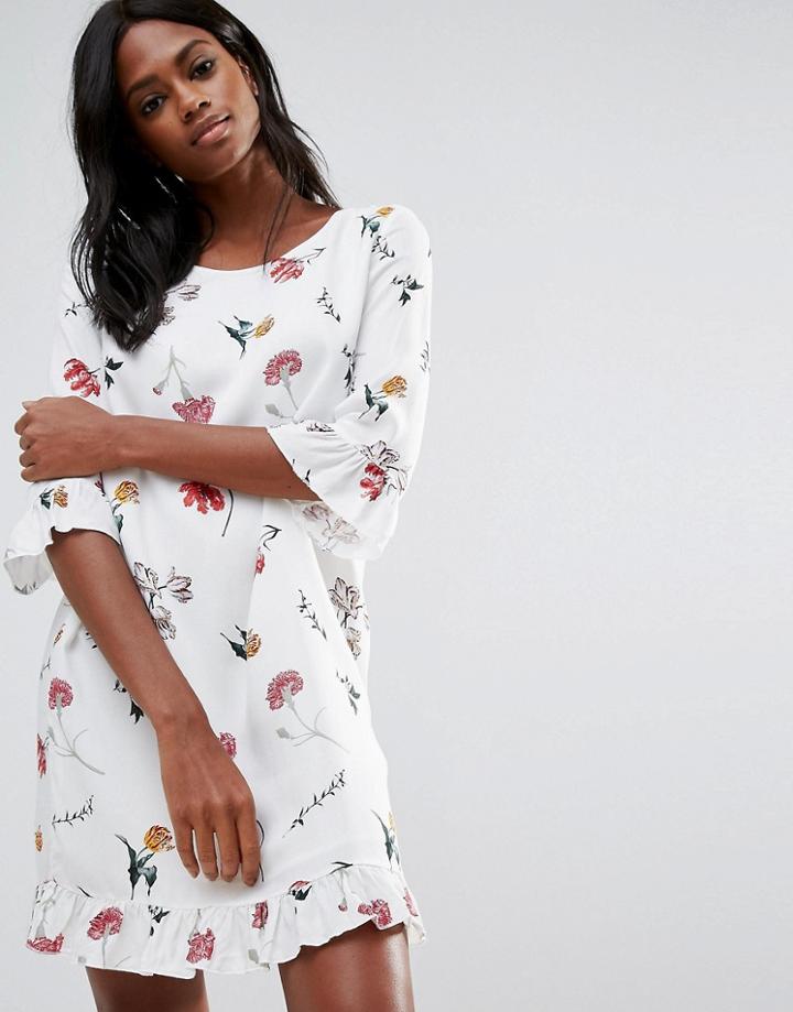 Vila Floral Print Ruffle Detail Smock Dress - White