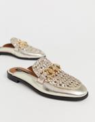 River Island Woven Mules With Metal Trim In Gold
