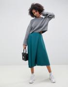 Asos Design Wrap Midi Scuba Skirt With Asymmetric Hem-green