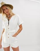 Asos Design Kimono Sleeve Button Through Soft Denim Romper With Belt - White