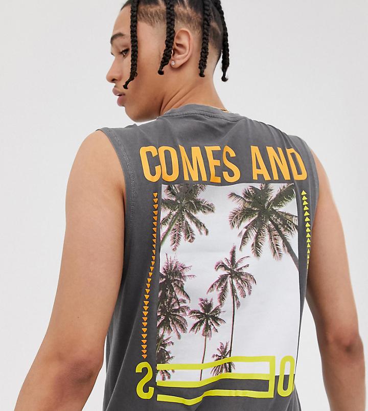 Asos Design Tall Organic Cotton Tank With Large Back Print In Washed Black - Gray