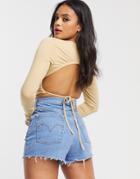 Asos Design Long Sleeve Top With Open Back And Tie-neutral