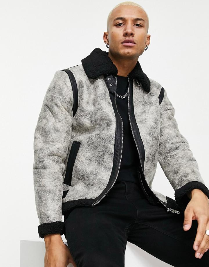 Good For Nothing Aviator Jacket In Light Gray With Contrast Borg Lining